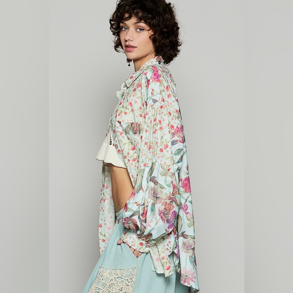 POL Floral Button Down Shirt - Pink and Green - Picture 2 of 6